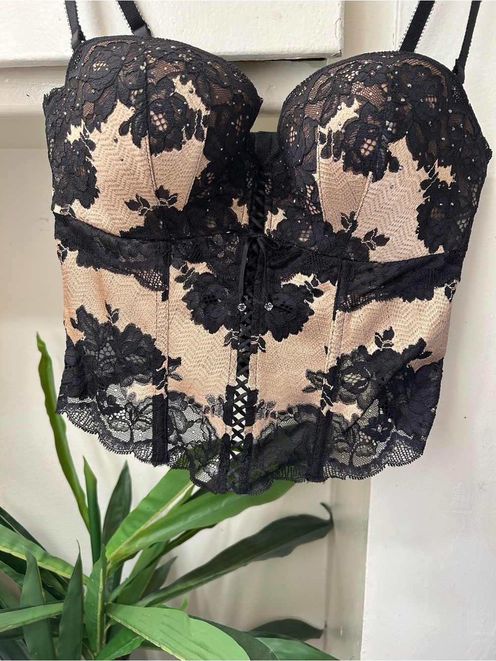 Victoria's Secret Black Lace-Overlay Bustier with Nude Underlay